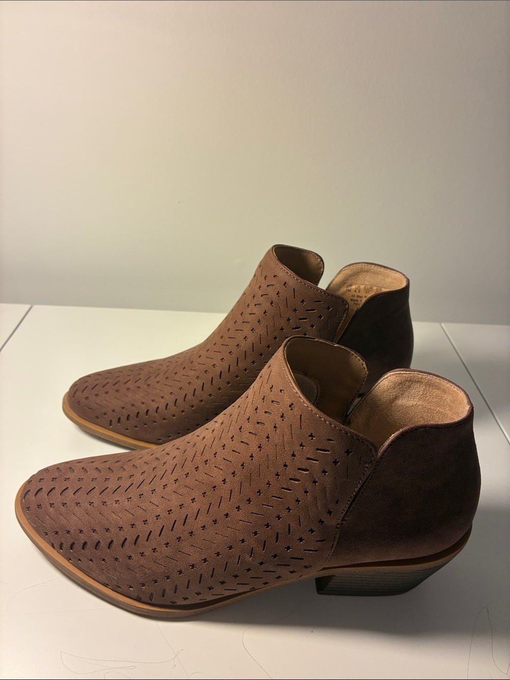Life Stride Taupe/Brown Perforated Suede Ankle Booties